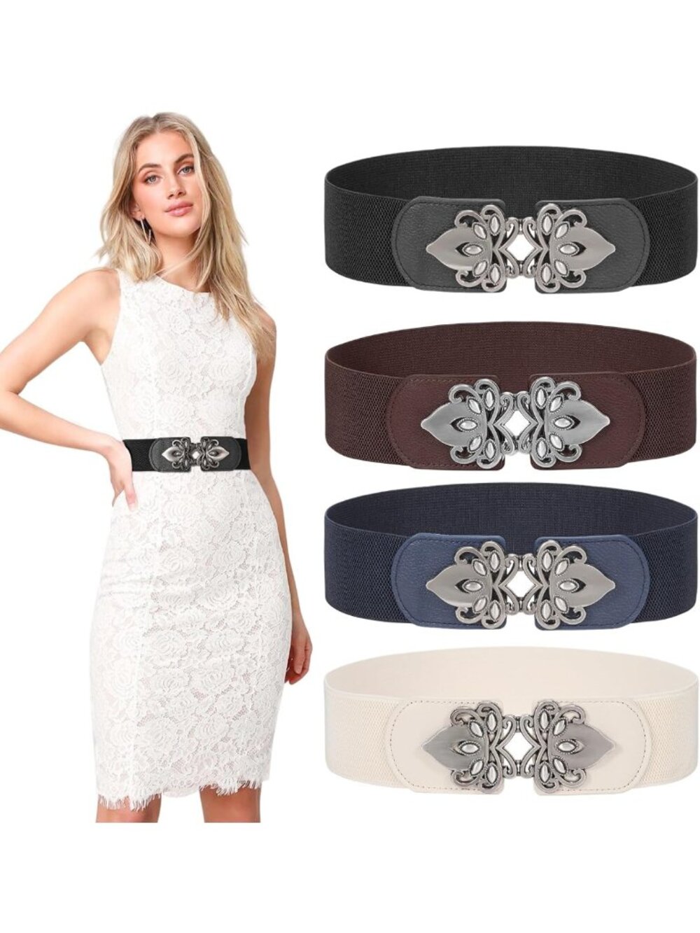 4 Pack Women's Wide Elastic Waist Belts - Plus Size Vintage Stretch Retro Buckle